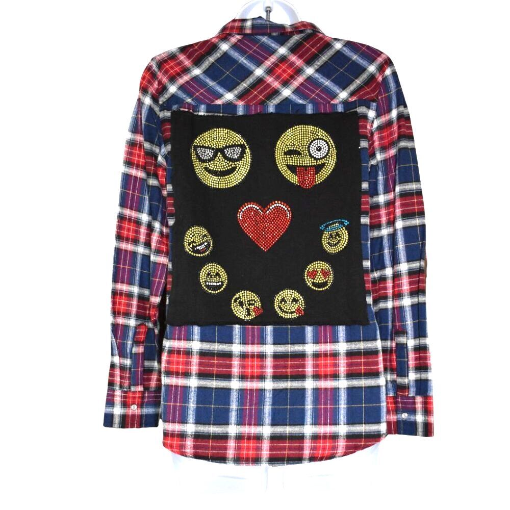 Butter VTG Emoji Flannel Shirt Girls XL Womens XS Red White Blue New